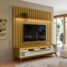 Rack Painel Ripado para TV até 70 Polegadas com LED MDF 177cmx218cm Duo e London Olivar Móveis Marrom Cedro/Freijó/Off White