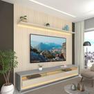 Rack Painel Ripado para TV até 90 Polegadas LED 100% MDF 224cmx250,5cm Impressão Ripada com Rodízios Requinte Cinza/Off White