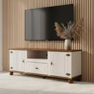 Rack para TV até 55 Polegadas 100% MDF 150cm Pés em Madeira Maciça 2 Portas 1 Gaveta Tampo Base Joy Branco Off White/Marrom