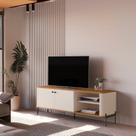 Rack para TV até 60 Polegadas MDF 141cm Curvo e Puxadores em Metal Tucupí Bege Off White/Nature/Preto Rack para TV até 60 Polegadas MDF 141cm Curvo e Puxadores em Metal Tucupí Bege Off White/Nature/Preto
