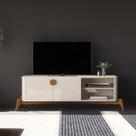 Rack para TV até 60 Polegadas MDF 154cm Pés em Madeira Maciça Puxador e Buriti Bege Offwhite Rack para TV até 60 Polegadas MDF 154cm Pés em Madeira Maciça Puxador e Buriti Bege Offwhite