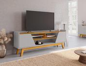 Rack para TV até 65 Polegadas MDF 160cm Pés em Madeira Maciça Turim 2 Portas 1 Prateleira Branco Off White/Cinamomo