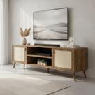 Rack Para TV Com Pés De Madeira Tela Natural e Couro 140cm