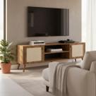 Rack Para TV Com Pés De Madeira Tela Natural e Couro 160cm