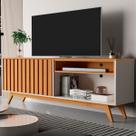 Rack Retrô TV Até 65 Polegadas Pés Madeira 2 Portas Ripadas Buriti