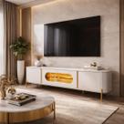 Rack TV 75 180cm Sala De Estar Com LED E Vidro Pés Em Aço MDF Juquehy