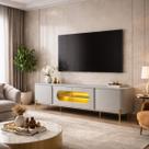 Rack TV 75 180cm Sala De Estar Com LED E Vidro Pés Em Aço MDF Juquehy