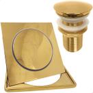 Ralo Click E Porta Grelha 15x15 Valvula Click 1 1/4 Aço Inox Kit Banheiro Completo Dourado Brilhoso Caixilho Quadrado 15cm Ralo Escoamento Pia Gold