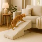 Rampa Escada Pet Movel Puff Cachorro Gato Linho Bege