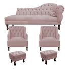 Recamier Divã Larissa 140cm Lado Direito + 2 Poltrona Genesis + 2 Puff Retro Suede Rosê