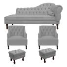 Recamier Divã Larissa 160cm Lado Direito + 2 Poltrona Genesis + 2 Puff Retro Suede Cinza