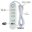 Régua de energia com 4 Tomadas + 2 USB + 1 Tipo-C, Cabo 2 Metros, Filtro de Linha, Bivolt