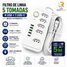 Régua de Energia com 5 Tomadas, 4 Portas USB e 1 USBC, Filtro de Linha, Cabo de 5 Metros, Suporte a 110 e 220V, Ideal para Casa e Escritório Régua de Energia com 5 Tomadas, 4 Portas USB e 1 USBC, Filtro de Linha, Cabo de 5 Metros, Suporte a 110 e 220V, Ideal para Casa e Escritório