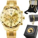 Relogio Aco Banhado Masculino + Cordao Grumet + Pulseira dourado social presente dragao casual analogico original