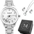Relogio Aco Feminino Inox + Caixa + Colar Brincos delicado original ajustavel garantia pingente strass social casual