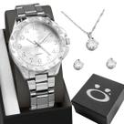 relogio aço feminino prata + colar strass brincos + caixa qualidade premium ponteiro original social casual inoxidável