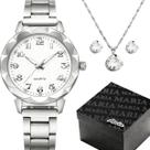 relogio aço feminino prata + colar strass + caixa brincos prateado aço inoxidável casual presente original ponteiro