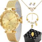 relogio aço inox banhado feminino + colar pulseira + caixa silicone dourado prova dagua moda presente social analogico