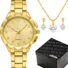 Relogio Aço Inox Feminino Banhado + Caixa + Colar Brincos pingente presente 18k inoxidável casual delicado folheado ouro
