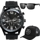 Relógio Aço Inox Masculino Boné Óculos Sol Proteção UV 400 Acetato Presente Original Moda Masculina UV Preto Social