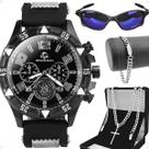 relogio aço inox masculino + pulseira + oculos sol + cordão original proteção uv presente religioso silicone social
