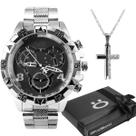 relogio aço inox prata prova dagua + cordão cruz + caixa pesado presente original grande robusto social casual