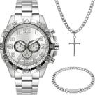 Relogio Aço Inox Prata + Pulseira Grumet + Cordão Cruz analogico qualidade premium casual religioso presente social