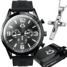 Relogio aço inoxidavel preto + corrente crucifixo + caixa casual religioso silicone presente social qualidade premium