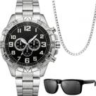 Relogio aco masculino + cordao grumet + oculos protecao presente robusto original prata inoxidável analogico social