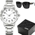 Relogio aço prata prova dagua feminino + oculos sol + caixa protecao uv qualidade premium strass resistente moda casual