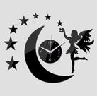 Relógio Acrílico Preto Parede Fada Estrelas Lua Quarto Sala