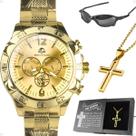 Relogio banhado aço masculino + oculos crucifixo + caixa resistente pesado prova d'agua religioso robusto mandrake