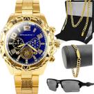 relogio banhado masculino + oculos sol + cordão + pulseira social religioso aço inoxidável qualidade premium proteção uv