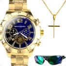 relogio banhado masculino prova dagua + oculos sol azul verde protecao uv religioso casual social qualidade premium