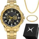 Relogio Banhado Masculino + Pulseira Caixa + Cordao Grumet casual robusto moda grande original retro presente preto ouro
