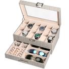 Relógio Caixa de joias Voova 12 slots em couro cinza 31x21x14 cm