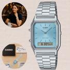 Relógio Casio Anadigi Vintage Prata AQ230A 2A1MQYD Hora Dual Digital Analógico Alarme Cronômetro Resistência à Água Pulseira Inox
