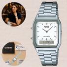 Relógio Casio Anadigi Vintage Prata AQ230A Hora Dual Digital Analógico Alarme Cronômetro Resistência à Água Pulseira Inox