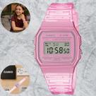 Relógio Casio Retrô F91WS4DF Rosa Transparente Digital Feminino Juvenil Infantil Cronômetro Escolar Resistente Água Alarme
