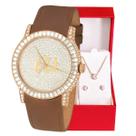 Relógio Champion Ana Hickmann Feminino Couro Marrom Cristais AH28393B Kit Colar e Brincos
