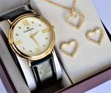 Relogio champion dourado couro ch22822w + kit semi joia