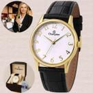 Relogio Champion Feminino Dourado CH24660B Analogico Pulseira Couro Preto Mostrador Branco Resistente Agua 50m