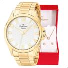Relógio Champion Feminino Dourado Prova DAgua CN26377W Colar e Brincos