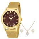 Relogio champion feminino dourado visor chocolate cn29007r+ kit semi joia