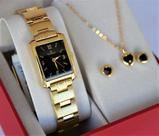 Relogio champion feminino quadrado dourado visor preto ch25187u + kit semi joia