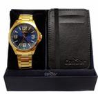 Relógio condor masculino dourado e azul inox kit com porta cartão caixa presenteável Relógio condor masculino dourado e azul inox kit com porta cartão caixa presenteável
