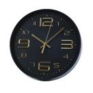 Relogio de parede 29 cm preto com numeros dourados.
