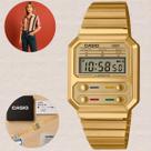 Relógio de Pulso Casio Unissex Feminino Masculino Digital Vintage Quadrado Moderno Casual Dourado A100WEG-9ADF