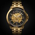 Relógio de Pulso Technos Masculino Automático Mecânico Esqueleto Redondo Prova Dágua 5 ATM Aço Inóx Casual Dourado Prata 8N24A