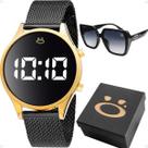 Relogio digital aço banhado feminino + oculos sol + caixa protecao uv strass silicone moda inoxidavel original dourado